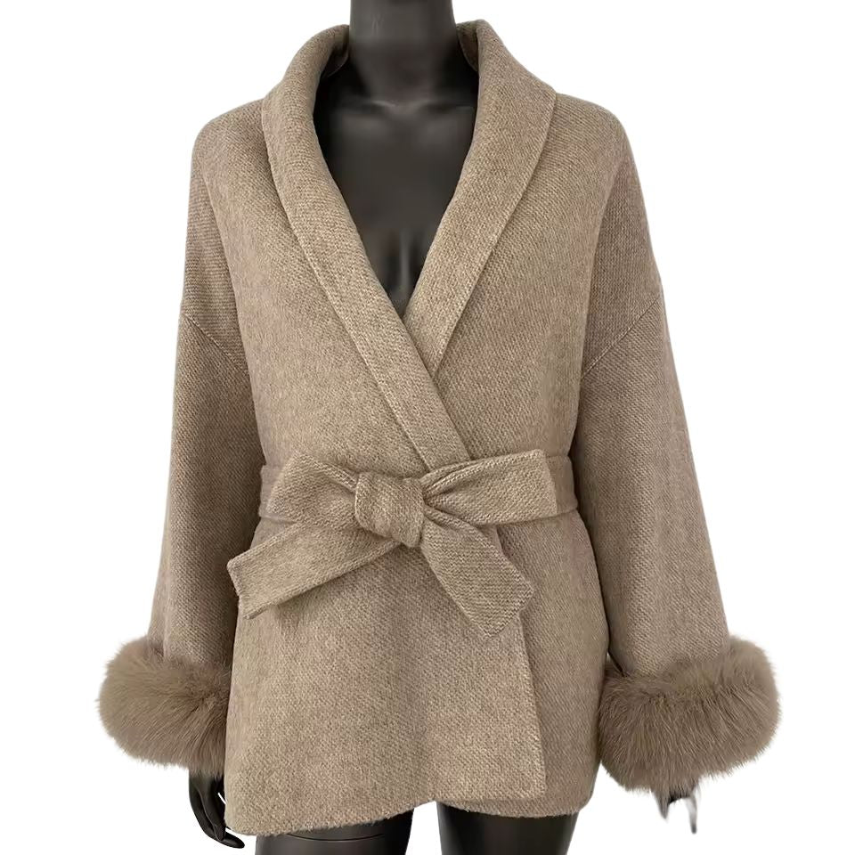 Luxurious Women's Double-Sided Real Wool Coat with Fox Fur