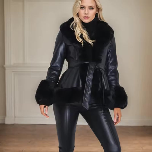 Women's PU Leather Jacket with Faux Fur Trim and Belt – Warm Patchwork Winter Coat