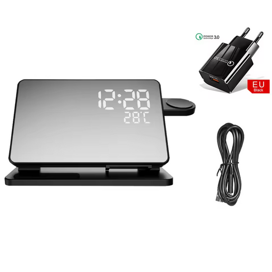 3-in-1 Wireless Charging Station with Digital Clock and Mirror Display