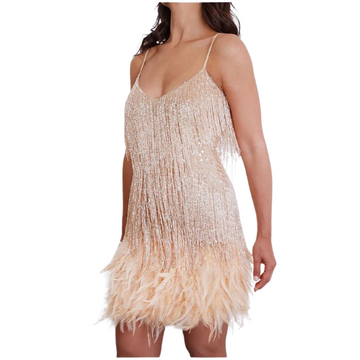 Elegant Sequin Cocktail Dress with Feather Trim