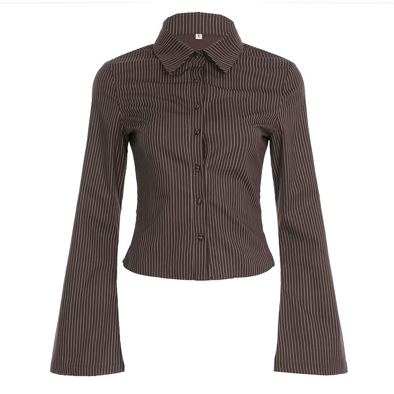 Striped Button Up Flared Sleeve Crop Blouse